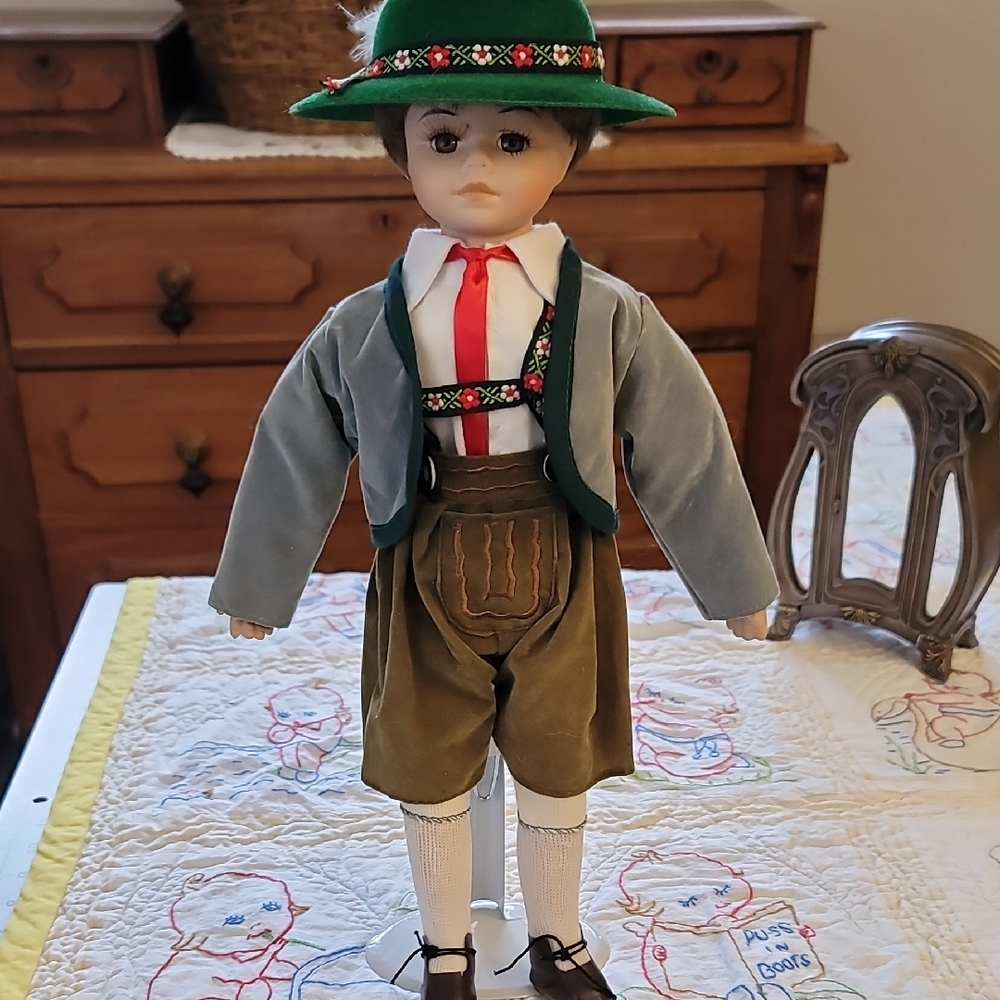 Bavarian Porcelain Handmade German Doll with Green Hat and Brown Lederhosen